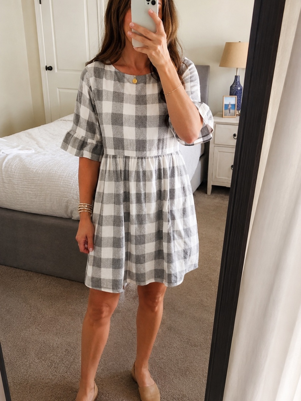 Sweet Salt Gray White Buffalo Plaid Dress Ruffle Sleeve Modest Cottagecore M